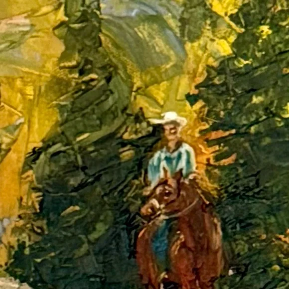 Original oil painting LANDSCAPE mountains cowboy horse trail ride signed framed